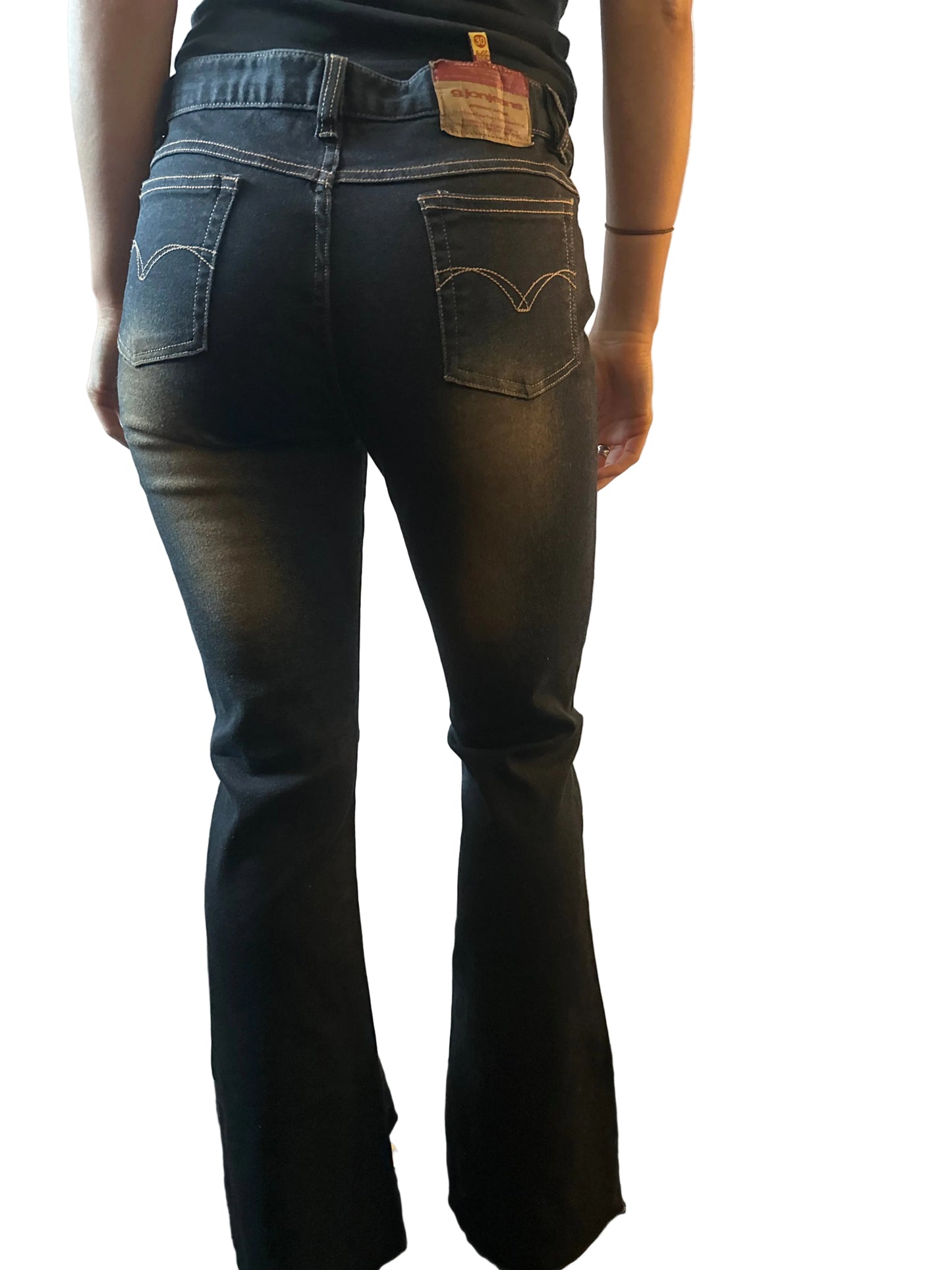 Dark denim jeans with orange flower