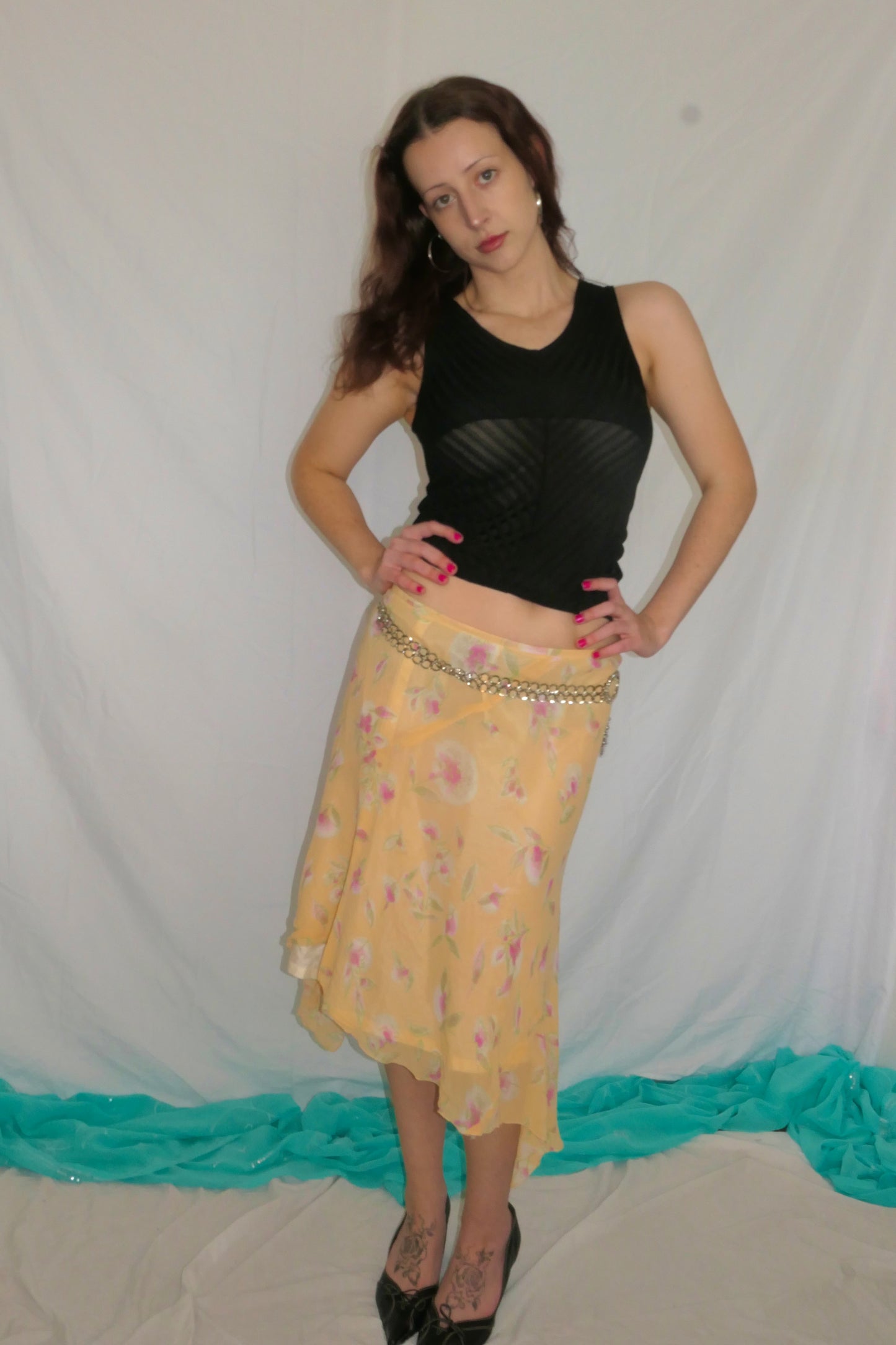 Yellow floral midi skirt