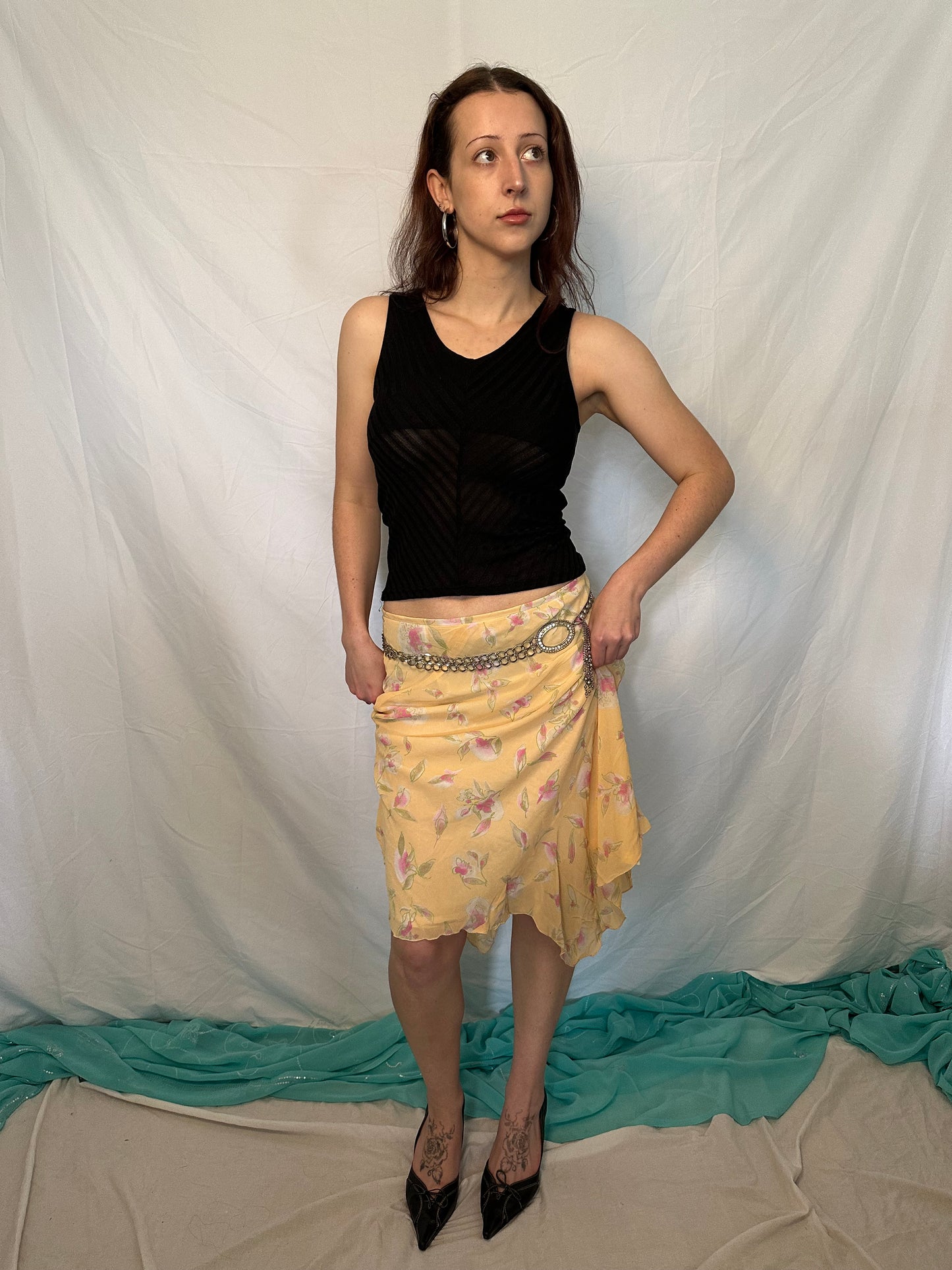 Yellow floral midi skirt