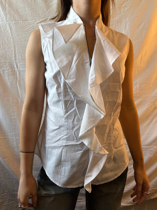 White ruffle zip singlet